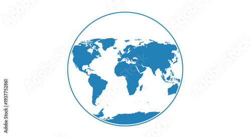 World map illustration inside a blue circle on a white background