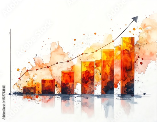 Rising orange bar graph, depicted in watercolor, against a white background, with an upwards arrow