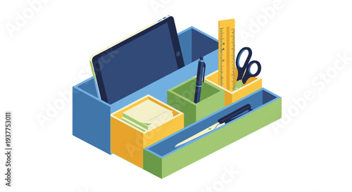 Isometric view of office supplies organizer with tablet pens and stationery