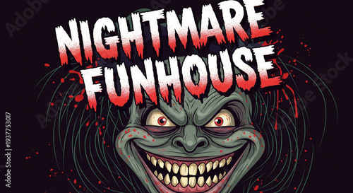 A creepy clown face with sharp teeth smiles maniacally at night in a nightmare funhouse scene with horror elements and spooky decorations.