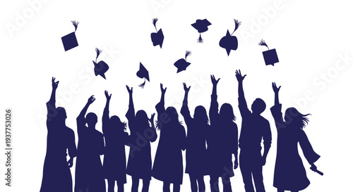 Silhouetted graduates celebrating academic success with caps in air