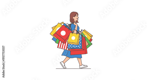 Woman carrying shopping bags isolated on white background flat illustration