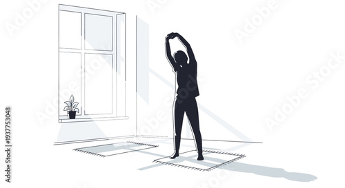 Silhouette of person stretching indoors near window and floor mats in graphic style