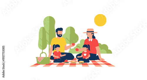 Family enjoying picnic outdoors with food and recreation elements