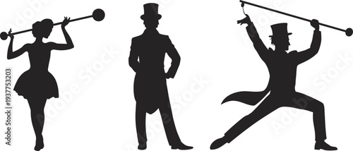 Circus performer silhouettes with cane and top hat, vintage stage entertainers dancing and posing isolated on white background vector illustration