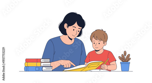 Woman and child reading book together illustration education learning vector