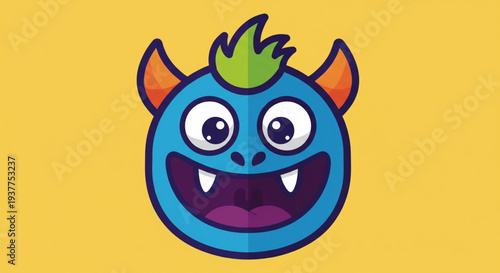 A colorful cartoon monster head with green quill and sharp teeth on yellow