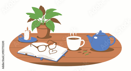 Cozy illustration of reading with coffee and tea simple art concept