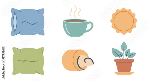 Cozy Morning Routine Icons: Pillow, Coffee, Sun, Plant, Pillow, Medicine