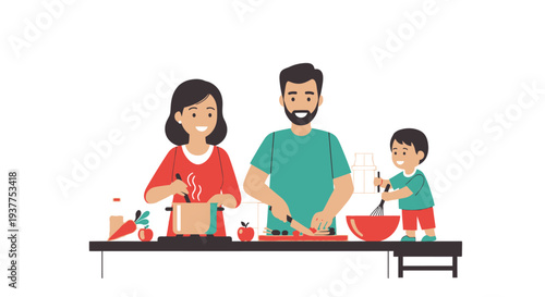 Family cooking together in a kitchen preparing a meal with a bright setting