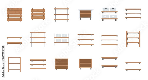 Various wooden shelves and storage units, organized on a white background
