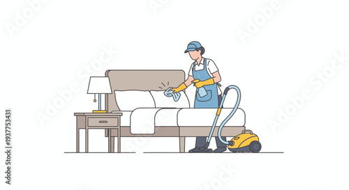 Housekeeping service cleans bed with vacuum cleaner and lamp illustration design