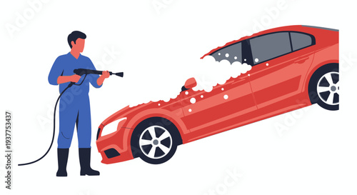 Man washing red car with pressure washer isolated illustration copy space