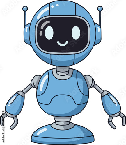 Cute cartoon robot with big eyes and smiling face in blue color
