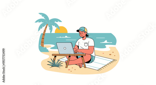 Person working remotely on laptop at beach with ocean and palm tree background