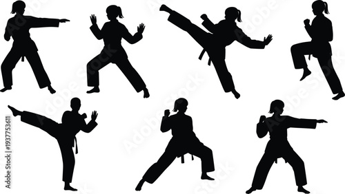 Female karate fighter silhouettes set, martial arts training and kicking poses collection isolated on white background vector illustration