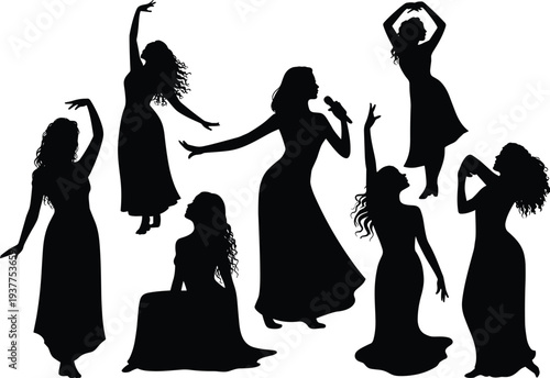 Female singer and dancer silhouettes set, elegant women performing music and dance poses isolated on white background vector illustration