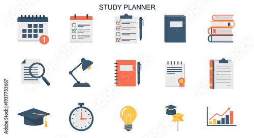 Study Planner Icons: Calendar, Checklist, Book, Lamp, Graduation Cap, Lightbulb, Graph