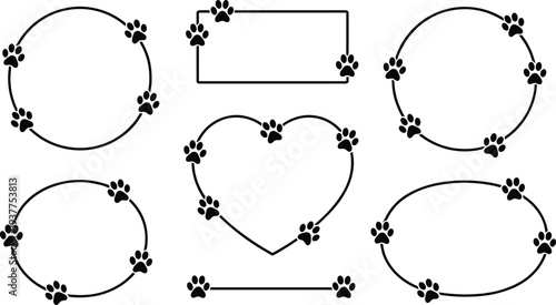 Pet paw print frame, animal border design, cat dog love symbol, decorative outline art, scrapbooking element, veterinary theme, minimalist style