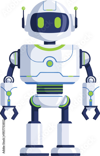 A white robot with green and blue accents stands on a plain background