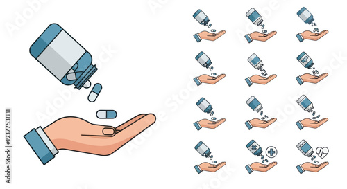 Hand Receiving Pills From Bottle, Medical Icons Collection