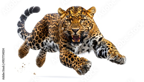 Spotted cat, leaping forward, mouth open, intense gaze on white