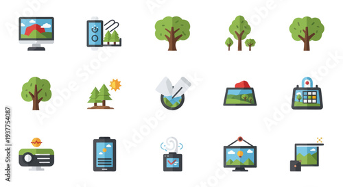Flat Icons of Nature, Technology, and Art: Trees, Screens, Projector, Calendar