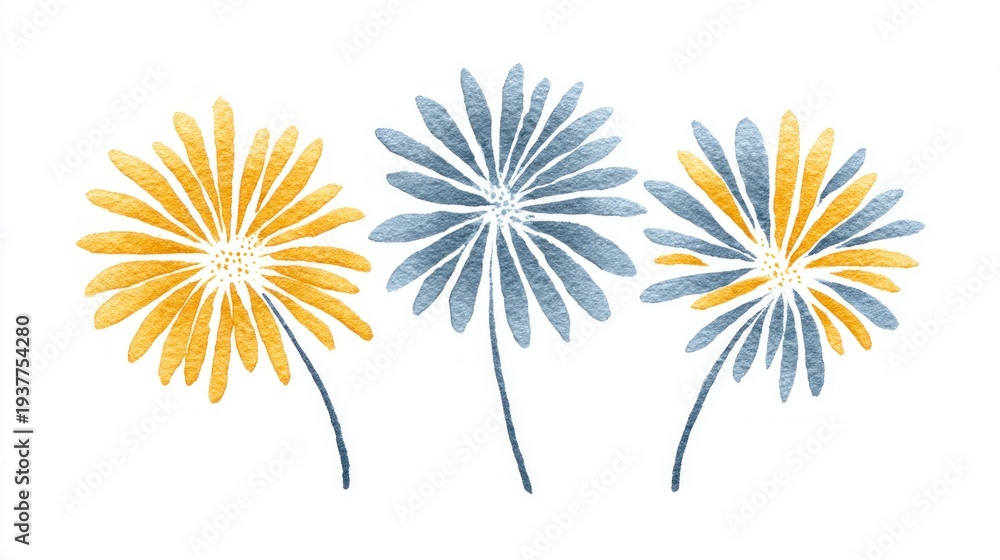 Obraz premium Watercolor floral illustration with yellow and blue flowers on a white background