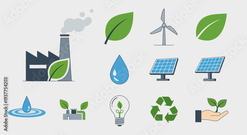 Eco-friendly icons: factory, leaves, wind turbine, solar panels, water, lightbulb, recycle
