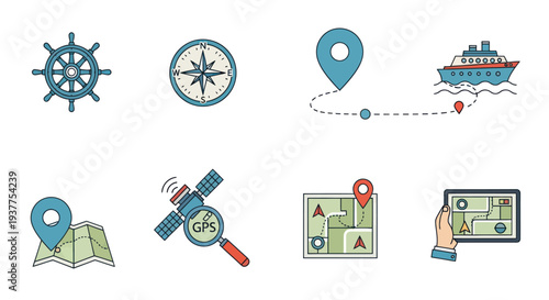 Navigation Icons: Ship Wheel, Compass, GPS, Map, Location Pin, Satellite, Boat Route