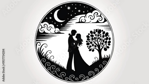 romantic couple silhouette under starry night sky with crescent moon and tree
