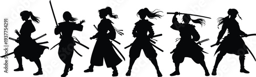 Female samurai warrior silhouettes set, katana sword fighting poses, Japanese warrior women collection, martial arts ninja style characters isolated vector
