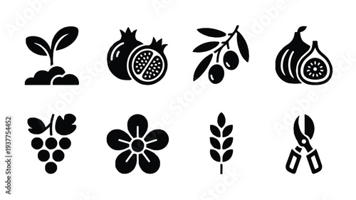 set of black icons of fruit and plant symbols  plants and flowers