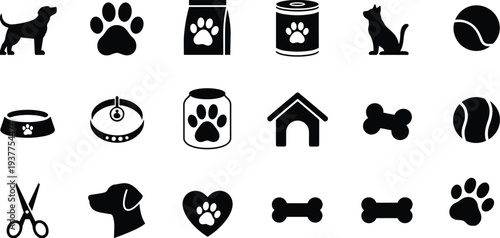 Collection of black and white pet care icons and symbols animal paw print