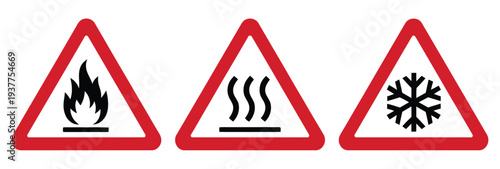 Hazard, warning icon set with fire, hot surface, and cold temperature safety symbols, industrial and workplace caution signs, clean modern flat vector design for safety instructions, educational