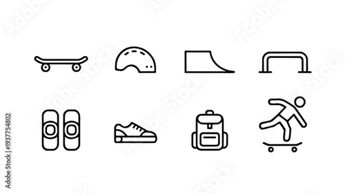 Set of icons related to skateboarding and skate park equipment and accessories