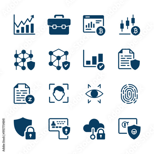 Cybersecurity and finance icons set, security symbols, business and technology graphics, blue vector illustrations