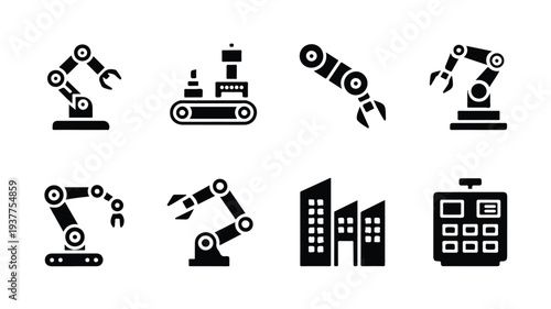 set of industrial robots and factory icons on white background