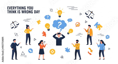 Everything You Think Is Wrong Day Concept with Confused Characters and Humorous Mistakes Flat Vector Illustration