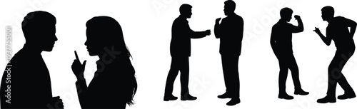 People arguing silhouettes set, men and woman conflict discussion poses, disagreement communication gestures collection isolated on white background vector illustration