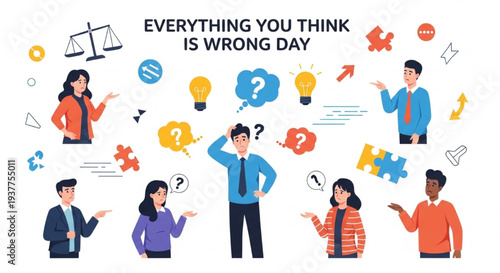 Everything You Think Is Wrong Day Concept with Confused Characters and Humorous Mistakes Flat Vector Illustration