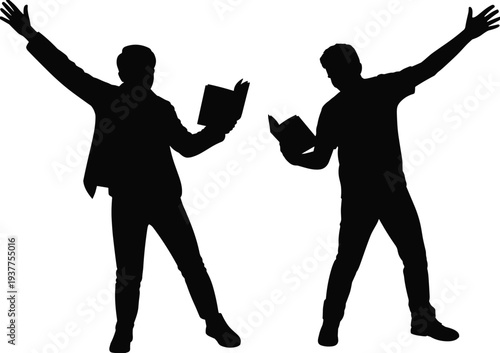 Men reading book silhouettes with raised arms celebrating knowledge learning education concept standing people reading isolated on white background vector illustration