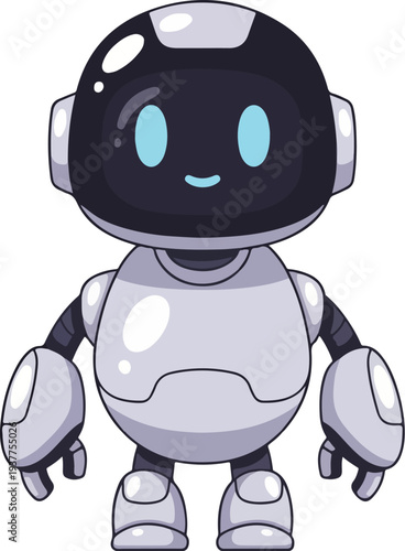 Friendly Robot Character With Blue Eyes And Headphones On White Background