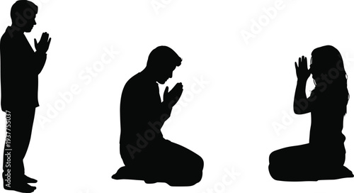 People praying silhouettes in standing and kneeling positions with hands together isolated on white background spiritual faith and prayer concept illustration
