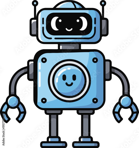 Cute robot character with a happy smiley face and headphones on