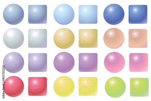 パール風の立体的な丸と正方形のボタンアイコンセット