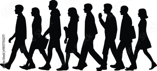 People walking silhouettes set, men and women walking side view crowd movement isolated on white background vector illustration collection