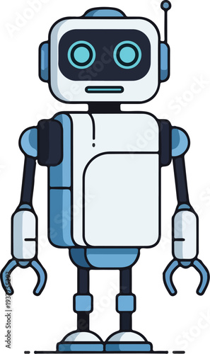Cute robot character with headset and glowing blue eyes standing alone