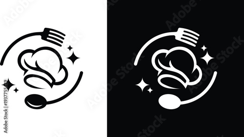 Vector design template of restaurant logo. Chef hat, spoon, fork, menu, dishes. Icon symbol EPS 10