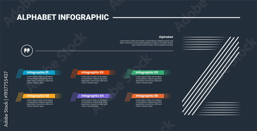 Alphabet infographic process diagram with letter Z on the right side with dark background bright outline style 6 points